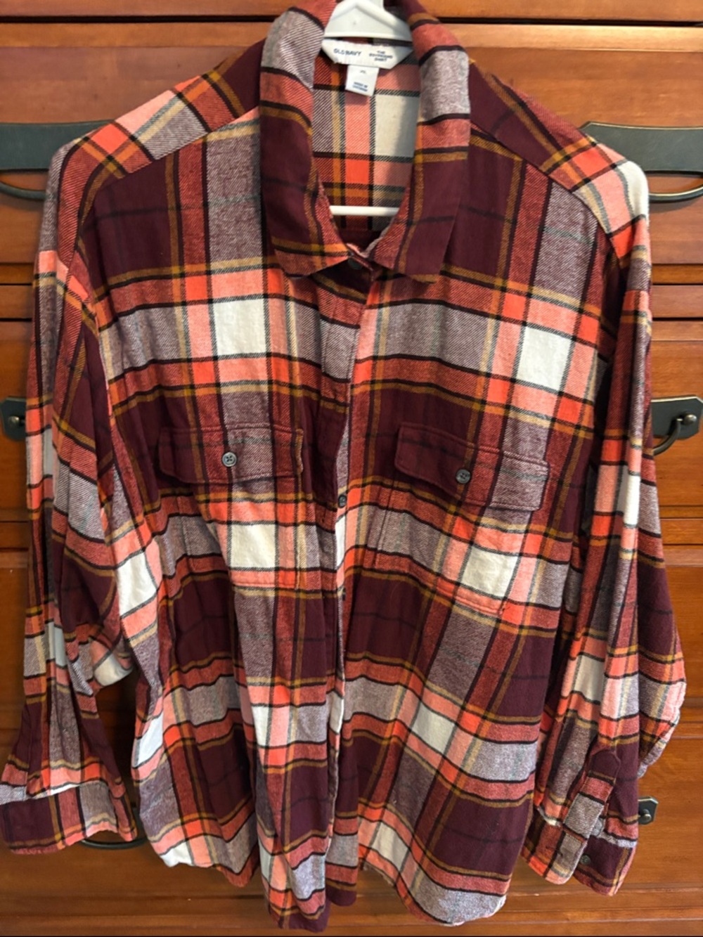 Old Navy Maroon, Orange & Cream Plaid Flannel Shirt
